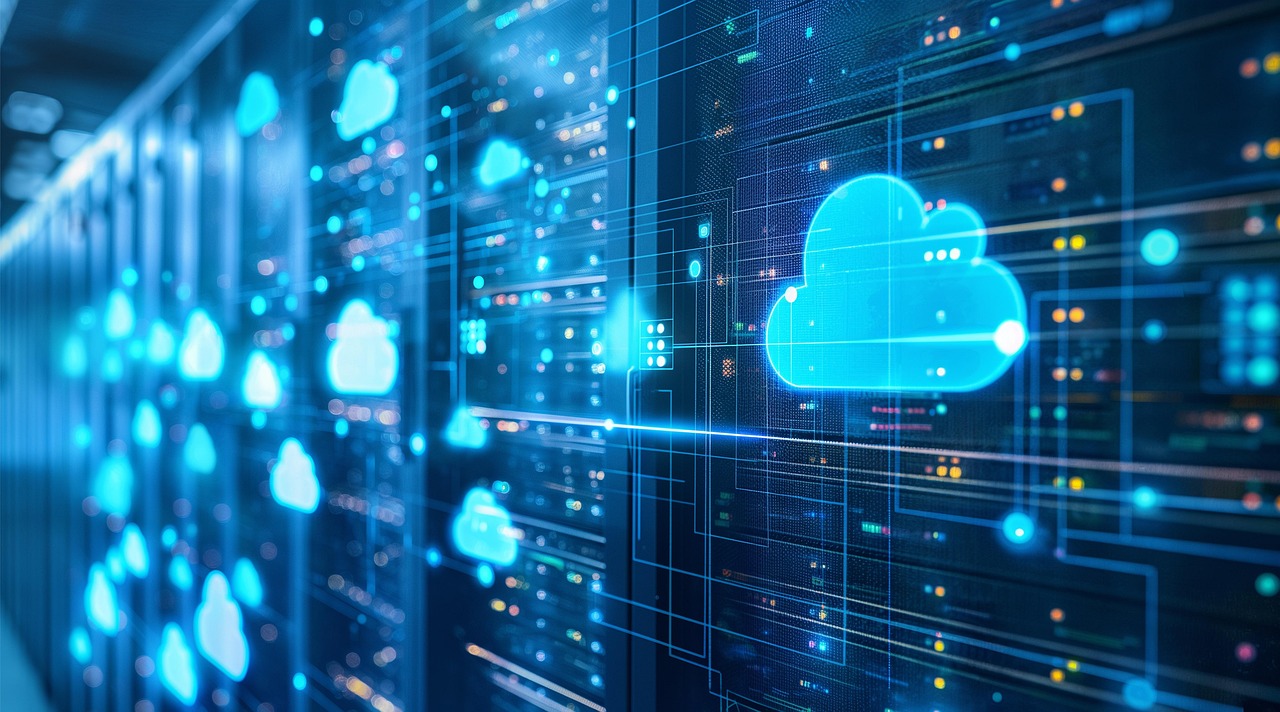 Illustration von Cloud-Servern mit Datenpunkten zur Verdeutlichung der Verarbeitung der Pumpendaten in einer Cloud-Infrastruktur